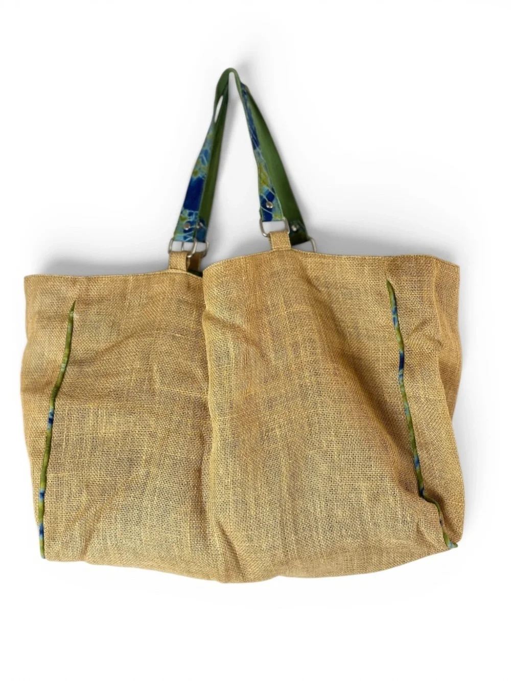 Roberta Freymann “Ro’s Voyages” Reversible Burlap Jute Tote Tie-Die Boho Bag